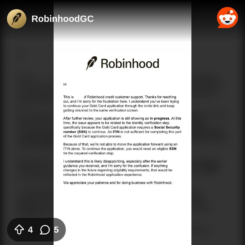 From the RobinhoodGC community on Reddit: Applying for Robinhood Gold card with ITIN (summer 2026)