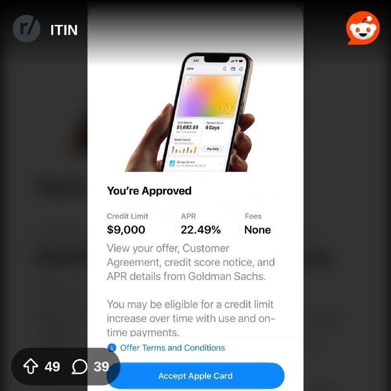 From the ITIN community on Reddit: Apple Card approved for $9,000 with ITIN