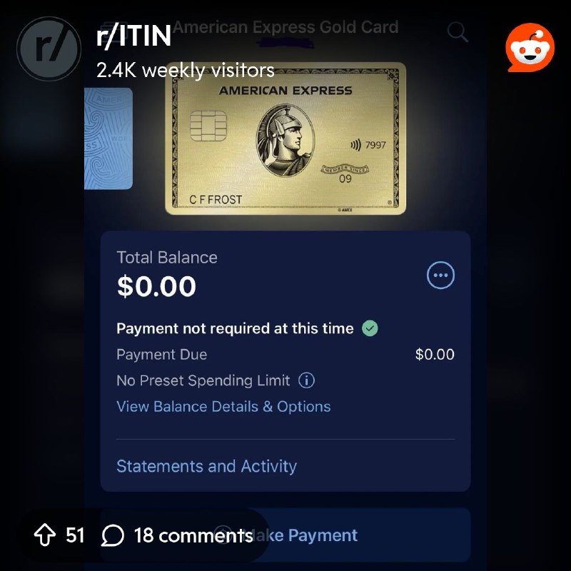 From the ITIN community on Reddit: Approved for Amex Gold 100K SUB — first attempt
