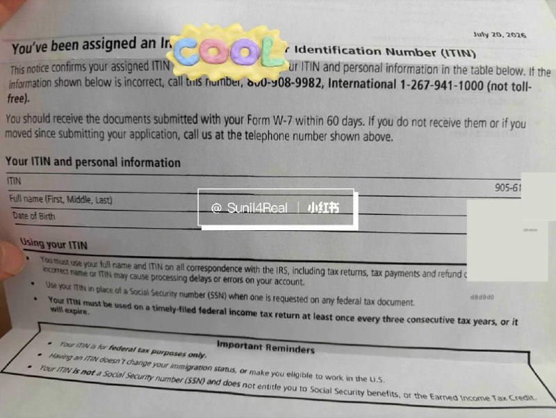 历时两个多月自己DIY拿到ITIN4.14日 回国在上海🇺🇸领事馆认证了护照（这个我会单独一篇讲解）花费50美金认证 P2 我用REVOLUT付款50刀4.29日 在邮局寄住挂号信 有追踪码 寄往美国IRS的Austin办公室 47g  实际我只花费3rmb (自己准备了5张自己存的5元邮票）包含了1,Form W-72,Form 1040NR3, Explanation for ITIN Application（根据自己情况 主要解释我不在美国为何申请ITIN 申请目的 另外两个表格填写我也准备后续出个攻略）4,此前在美领馆申请的护照认证原件5.5日 挂号信轨迹显示签收 （出乎我意料 寄出一周签收）P6签收地址邮编显示AUSTIN, TX 73301接下来就是漫长等待6.26收到我的护照认证原件 P7接下来 又等了马上一个月期间我没有打电话询问 因为我猜到很快就到 不过在漫长等待中曾多次想打电话询问 但每次打了电话等待客服时间太久就放弃了7.25日 距离上次收到护照认证原件退回件差一天整整一个月！收到了我的CP565信件P5！ITIN编号905-61开头至此历时两个多月 正式开启新篇章#itin #美国云居民source: 
