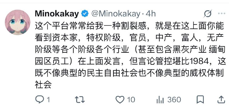 这个平台常常给我一种割裂感，就是在这上面你能看到资本家，特权阶级，官员，中产，富人，无产阶级等各个阶级各个行业（甚至包含黑（zha ）灰（pian ）产业如缅甸园区员工）在上面发言，但言论管控堪比 1984，这既不像典型的民主自由社会、也不像典型的威权体制社会by X（Twitter）Minokakay #shadowban