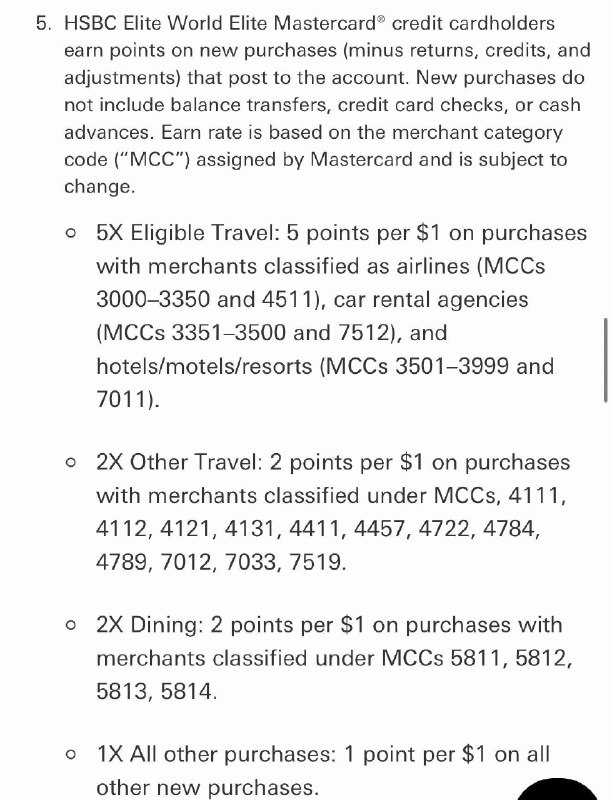HSBC US ELITE 神卡5倍旅行类MCC回归经过与HSBC US客服沟通确认，5x旅行类MCC在前段时间改恶后，HSBC US已于 10 月 7 日再次调整，部分此前被移出 5x 积分范围的 MCC被重新纳入
