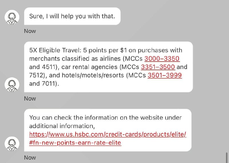 HSBC US ELITE 神卡5倍旅行类MCC回归经过与HSBC US客服沟通确认，5x旅行类MCC在前段时间改恶后，HSBC US已于 10 月 7 日再次调整，部分此前被移出 5x 积分范围的 MCC被重新纳入